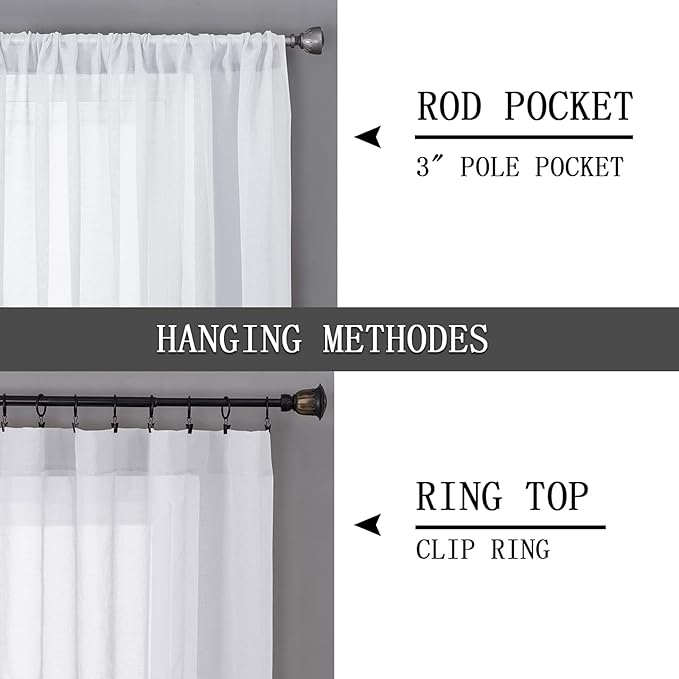 Tollpiz Short Sheer Curtains Linen Textured Bedroom Curtain Sheers Light Filtering Rod Pocket Voile Curtains for Living Room, 54 x 45 inches Long, White, Set of 2 Panels