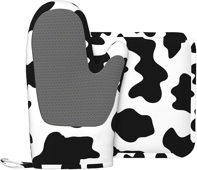 Silicone Oven Mitts and Pot Holders Sets, Home Cow Print Heat Resistant BBQ Gloves for Kitchen Baking Cooking Grilling Microwave