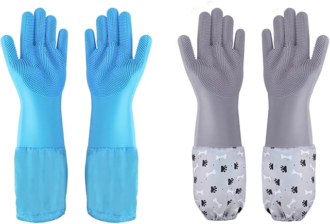 1TO3GO Pet Grooming Gloves Pet Hair Remover Cat, Dog Washing Gloves Silicone Heat Resistant Cleaning Gloves with High-Density Teeth Grooming Gloves for Dogs, Cats, Horses (2 Pairs - Blue & Gray)