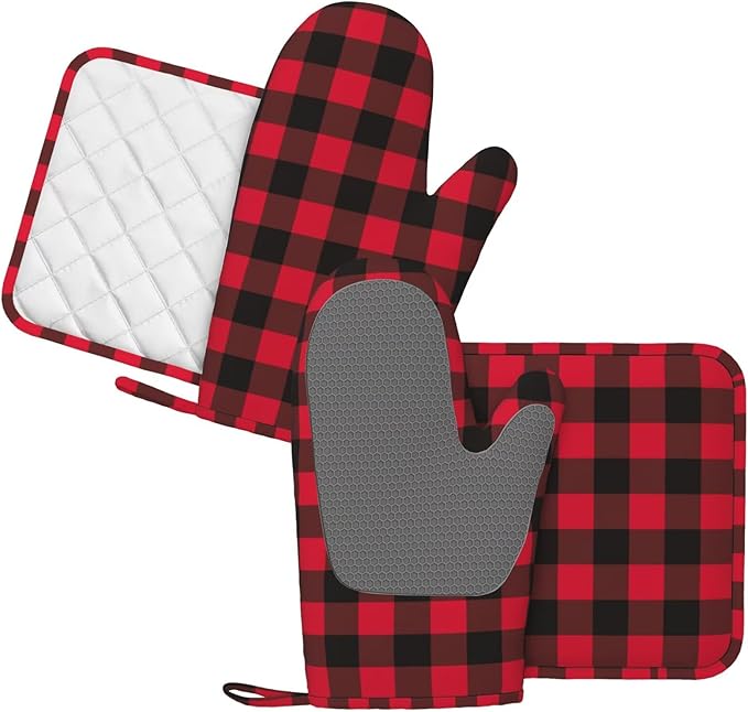 Red and Black Plaid Buffalo Oven Mitts and Pot Holders Set of 4 Silicone Check Gingham Kitchen Mitten Gloves and Non-Slip Potholders Set Heat Resistant Oven Gloves Hot Holders for Kitchen
