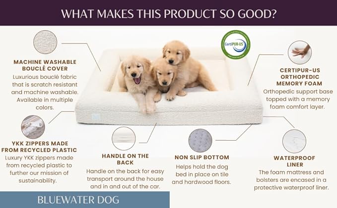 Bluewater Dog Luxury Boucle Orthopedic Memory Foam Dog Bed with Waterproof Liner and Machine Washable Cover with YKK Zippers (Large, 45" L x 36" W x 7" Th, Ocean Blue)