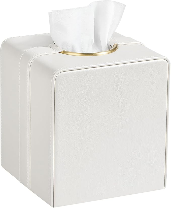 Cretkhp Luxury Square Tissue Box Cover, PU Leather Tissue Box Holder with Magnetic Closure and Gold Decorative Grommets for Bathroom Bedroom, Decorative Elegant Cube Tissue Holder (Cream)