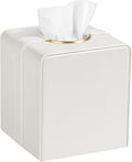 Cretkhp Luxury Square Tissue Box Cover, PU Leather Tissue Box Holder with Magnetic Closure and Gold Decorative Grommets for Bathroom Bedroom, Decorative Elegant Cube Tissue Holder (Cream)