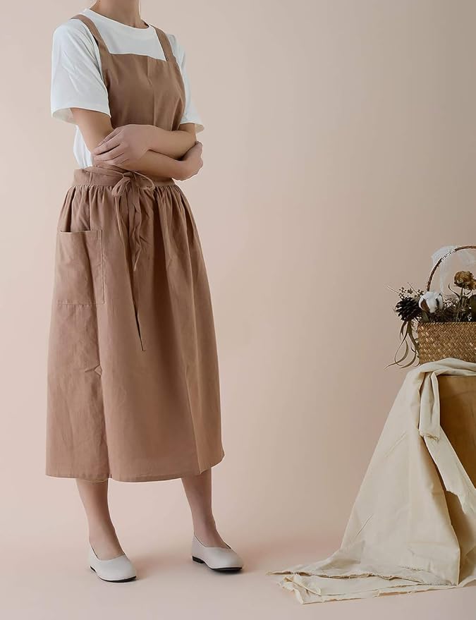 Japanese apron Women-Cross Back Apron for Women with Pockets, Pinafore Aprons, Womens Cotton Linen Apron