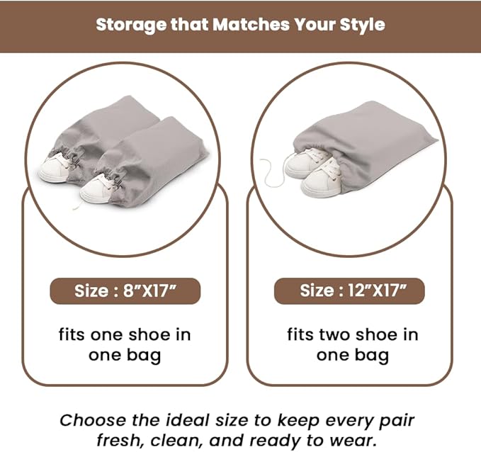 LFH Cotton Rich Shoe Storage Bags with Drawstring, Dustproof Breathable Reusable Organizer, Perfect For Travel, Dorm, Hotel, College, Gym, Easy to Carry, Machine Washable 12"x17" (Pack of 6) - Grey