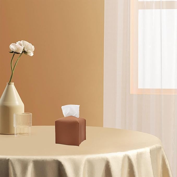Hapforever 1PC Square Tissue Box Cover, PU Leather Square Tissue Box Holder with Bottom Belt Modern Tissue Box Organizer for Bathroom/Car/Hotel/Office (5.25”x5.25”x5”, Brown)