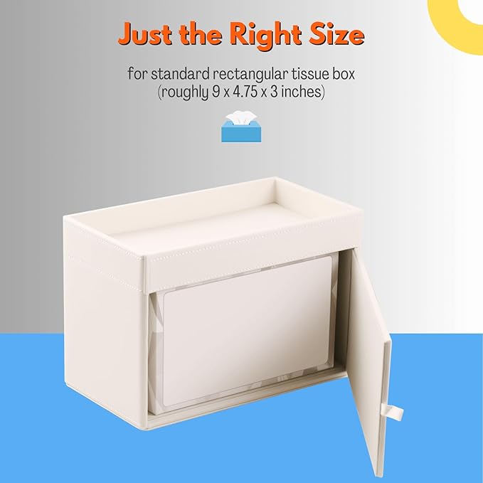 LAMOTI Rectangular Tissue Box Cover with Storage Tray, Leather Facial Tissue Box Holder for Bathroom, Office Table, Countertop, Night Stand & More (White)