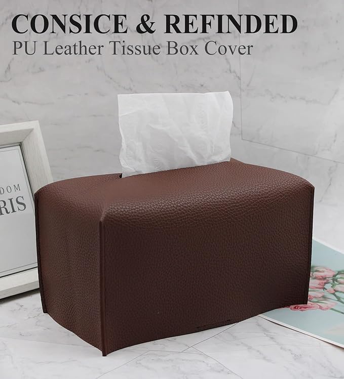 Livelab Tissue Box Cover, Rectangular Modern Decorative PU Leather Tissue Box Case Organizer Holder for Vanity Countertop, Night Stands, Livingroom, Office Desk & Car 9.5X5X5'' | Dark Brown