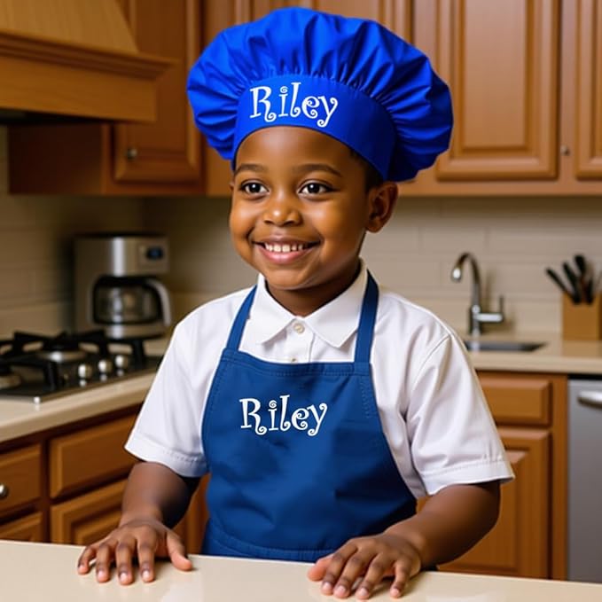 Made in the USA Personalized Embroidered Premium Child Apron and Chef Hat for Kids Girls Boys Fun in the Kitchen Gift (Add a Name Set, Regular with hat)