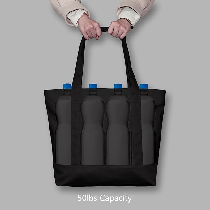 TOPDesign 1-Pack Canvas Tote Bag with an External Pocket, Reusable Grocery Shopping Bag, Top Zipper Closure, Daily Essentials (Black)