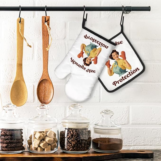 Always Use Protection Funny Oven Mitts and Pot Holders Set, Retro Home Cooking Baking Tools, Suitable for Family Gathering Cooking, Housewarming Gifts for Parents and Family Members