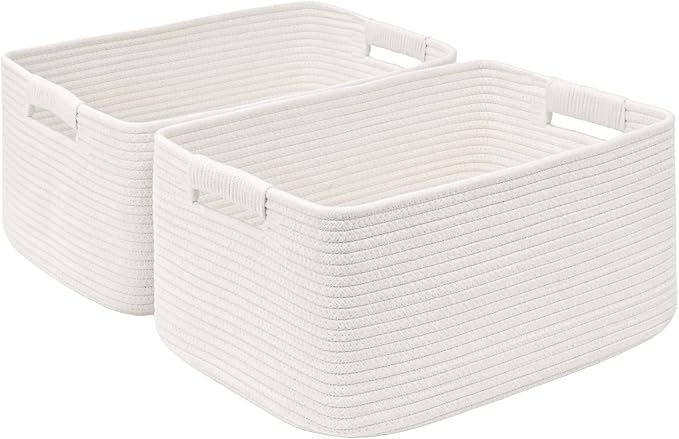 2 Pack Large Storage Basket for Organizing, 17.5"x13.5"x7.5" Woven Basket for Shelves, Closet Cube Storage Bins with Wrapped Handle, Cotton Rope Baskets for Kitchen, Clothes, Toys(Off White)