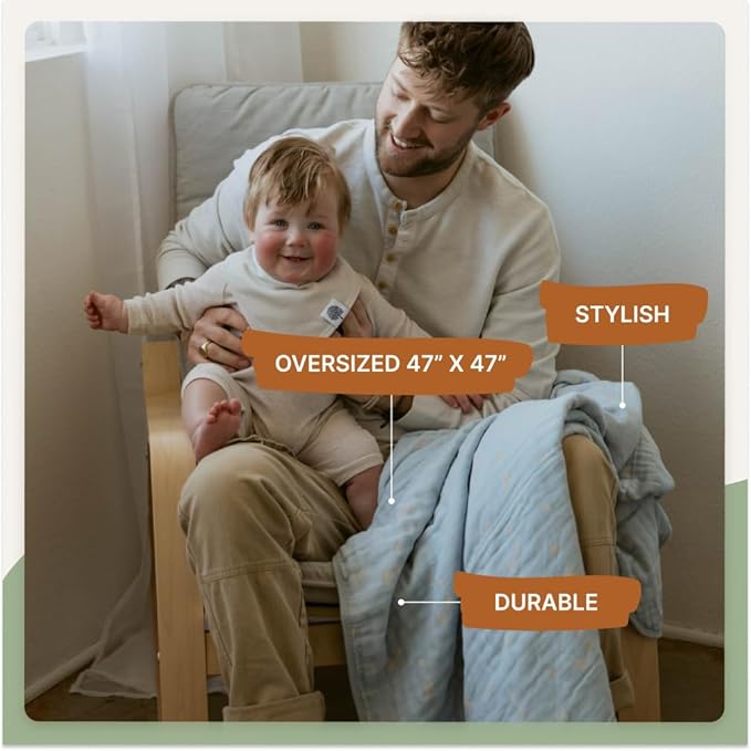 Parker Baby Muslin Blanket | 100% Soft Cotton Toddler Quilt & Baby Muslin Swaddle | Gender Neutral Design 47" x 47" Blanket
