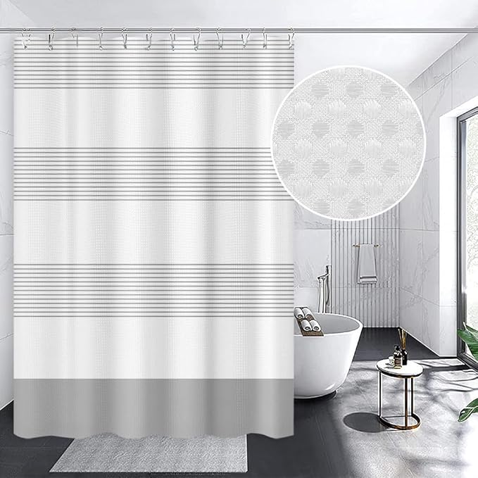 ggaimwf White Grey Striped Waffle Shower Curtain Farmhouse Plaid Patchwork Stall Bath Curtain Rustic Boho Neutral Bathtub Curtain for Kids Bathroom Decor Waterproof with Hooks 71x79 Inch