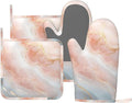 Oven Mitts Pot Holders Set Marble Light Pink Abstract Silicone Kitchen Gloves Potholders Heat Resistant for Chef Baking Cooking Grilling BBQ 4 Pack Mitt