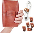 Vintage leather Electronic organizer travel case,cord keeper travel pounch, charger shortage for essentials mouse, adapter, cables,Cable Straps,Earbud case,wrap (Brown leather with band & Organizer)