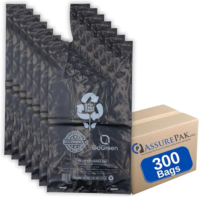 ASSUREPAK Black Reusable/Eco-Friendly LDPE T-Shirt - 1/8 BBL (10"X5"X18") - 300 Bags - 57 Micron (2.25 mil) - Black - BLKLD40REC225REUSE10518