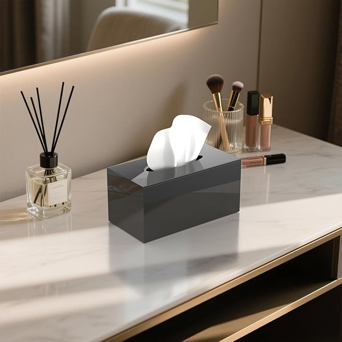 SILUT Tissue Box Cover Rectangular, Extra Large Tissue Box Cover, Plus Size Large Tissue Box Holder, Acrylic Tissue Holder for Bathroom, Home, Restaurant, Kitchen - Shiny Black, 9.85x5.1x5.28''