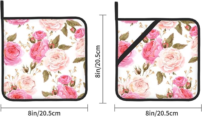 Elegant Hanging Oven Pads and Pot Holders Set, Pink Roses Kitchen Heat Resistant and Non-Slip Potholder with Loop for Cooking BBQ Kitchen Set of 2