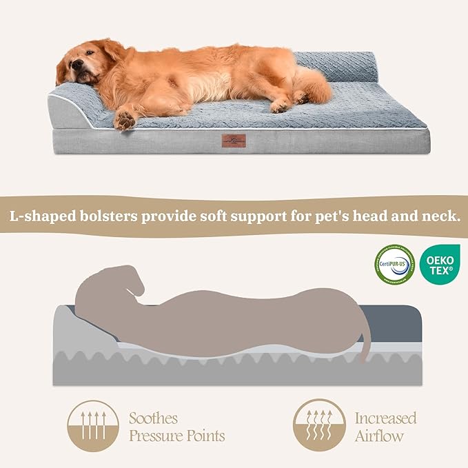 Comfort Expression Orthopedic Dog Bed for Large Dogs, Waterproof Dogs Beds with Bolsters, Large Dog Bed with Removable Washable Cover & Non-Skid Bottom(Grey)