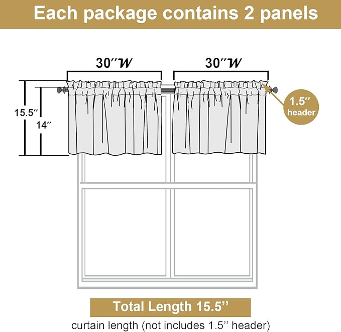 Lecloud Bessie Valance for Windows 14 Inch Length 2 Pcs, Light Filtering Faux Linen Cafe Kitchen Window Curtains with Rod Pocket, Curtains for Bedroom Bathroom, Each 30 W x 14 L, Natural