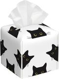BLYKVGHQ Black Cat Tissue Box Cover Square, Tissue Box Holder with Bottom Belt Leather Facial Paper Organizer Dispenser for Bathroom Bedroom Dresser Night Stand Tabletop