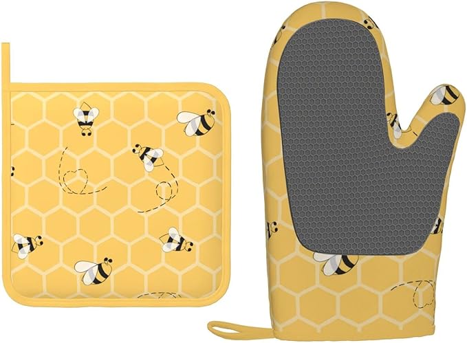Oven Mitts and Potholders Yellow Bees Honey Silicone Glove Heat Resistant, Kitchen Gloves for Cooking, 2-Piece Set