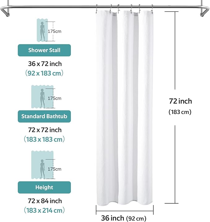 Vipfree 3 in 1 Shower Curtain Set, Waffle Shower Curtain and Liner Set with 6 Double Sided Shower Curtain Hooks, 258GSM Luxury Weighted Cloth Shower Curtains for Bathroom, 36 W x 72 H, White