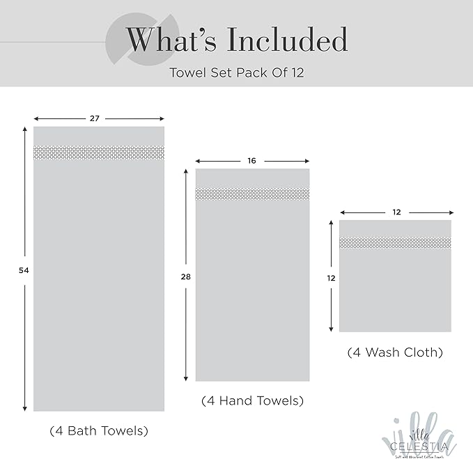 Villa Celestia 100% Cotton Bath Towel Set of 12-4 Bath Towels, 4 Hand Towels, 4 Wash Cloths, Sustainable, Soft, Highly Absorbent, Combed Cotton 12 Piece Set for Hotels, Spa, Bathroom, Dorm, White