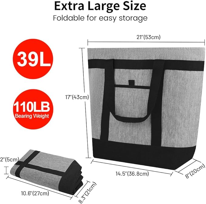mosago Insulated Cooler Tote Bags, Soft Totes with Top Secure and Sided Pockets for Pizza Delivery Grocery Shopping Travel Beach, Large Leak Proof Food Delivery Bag Frozen/Thermal Foods, Collapsible