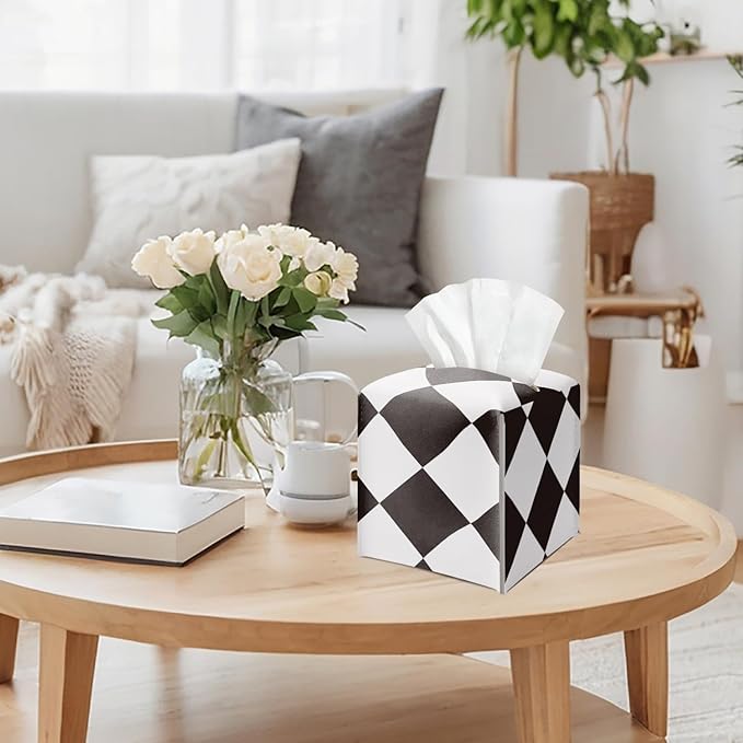 Black and White Checkered Tissue Box Cover Square, Leather Tissue Holder with Bottom Belt, for Nightstands Desks Office Bathroom Car Vanity Home Decor Supplies -005