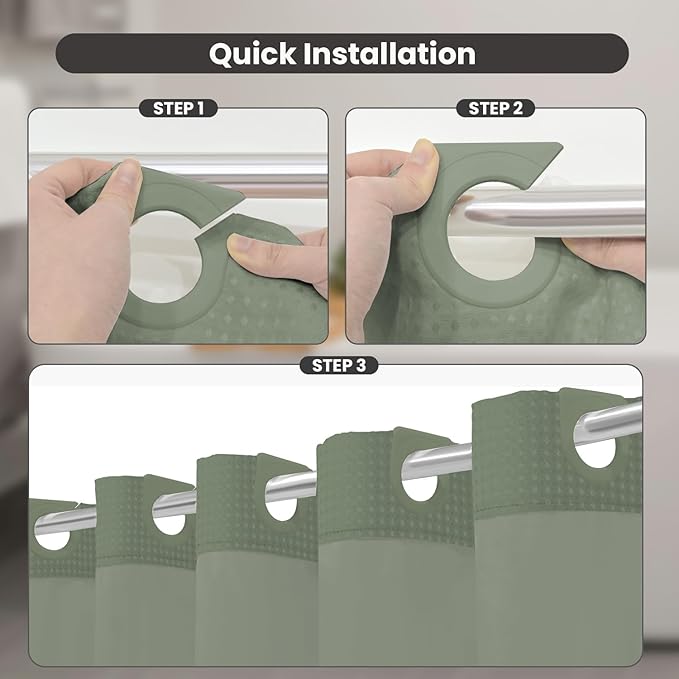 Inhousolu Long No Hook Shower Curtain with Snap in Fabric Liner Set Waffle Weave 230GSM Weighted Hem, Waterproof & Washable Bathroom Curtain Spa Luxury with Mesh Top Window 72" W x 78" L Sage Green