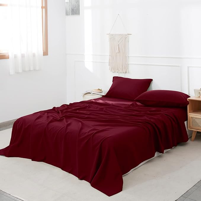 Simple&Opulence Belgian Linen Sheet Set Solid Color - 3 Pieces (1 Flat Sheet, 1 Fitted Sheet & 1 Pillowcase) Natural Flax Cotton Blend Soft Breathable Farmhouse Bedding - Twin Size, Burgundy Red