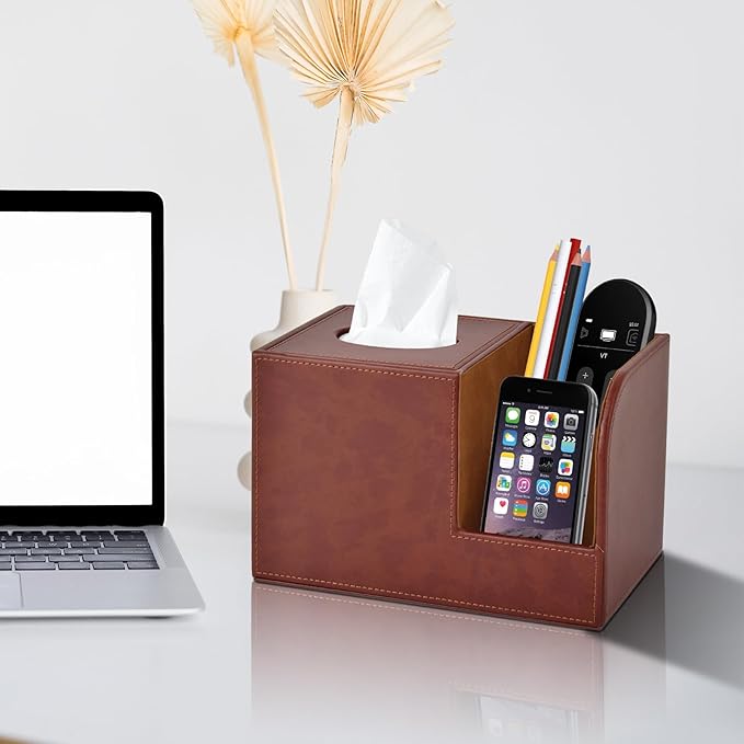 XNONE PU Leather Square Tissue Box Cover,Multifunctional Tissue Box Holder,Tissue Box with Storage,Tissue and Remote Control Holder,Tissue Box Decorative Desk Organizer for Home&Office,Brown