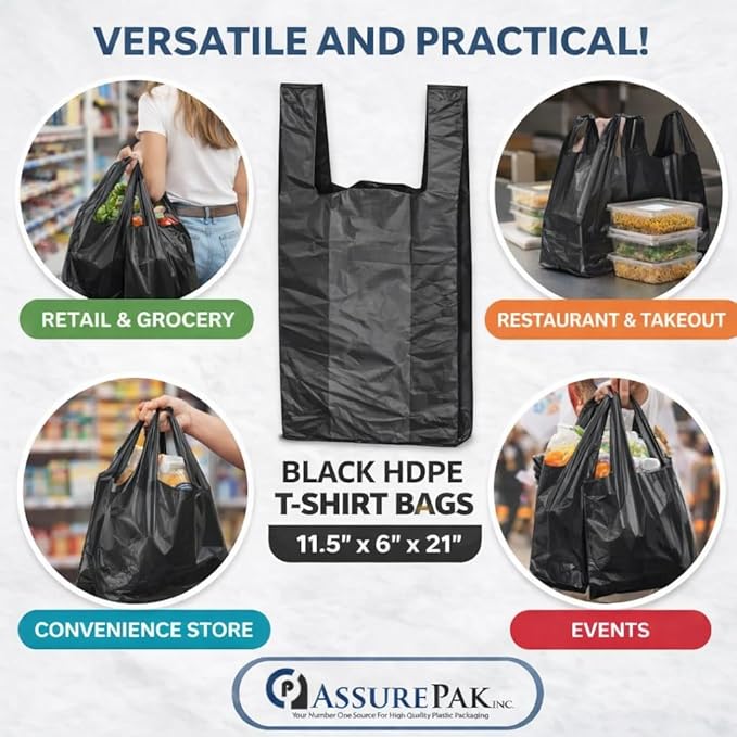 ASSUREPAK Easy Open - 1000 Bags - Black Unprinted HDPE T-Shirt Bags - 1/6 BBL 11.5"X6"X21" - 13 microns - Black - LOOP-BLACK-EO