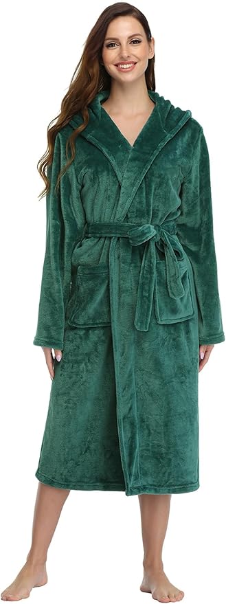 RONGTAI Womens Robes Plush Fleece Hooded Bathrobe Thick Nightgown with Pockets Fluffy Sleepwear