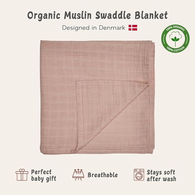 Huxie Swaddle - 100% Organic Cotton - Muslin Swaddle Blankets for Newborn, 47" x 47" (Blush)