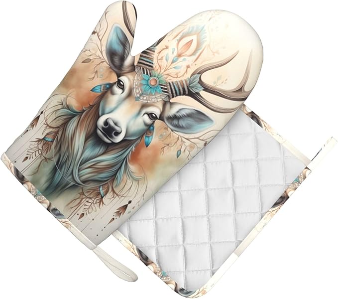 Rustic Deer Animal Oven Mitts and Pot Holders Sets, Home Silicone Heat Resistant BBQ Gloves for Kitchen Baking Cooking Grilling Microwave