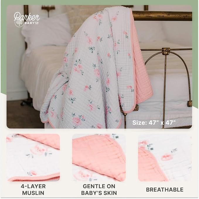 Parker Baby Muslin Blanket | 100% Soft Cotton Toddler Quilt & Baby Muslin Swaddle | Gender Neutral Design 47" x 47" Blanket