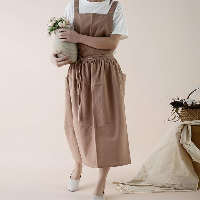 ODIZLI Frill Apron for Women Cotton Cross Back Vintage Ruffle Apron for Garden Cooking Aprons