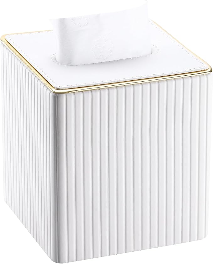 KINGFOM Tissue Box Cover, PU Leather Square Tissue Box Holder for Kleenexs with Magnetic Bottom Cover for Facial Tissues/Napkins, Office & Living Room Decor Box White
