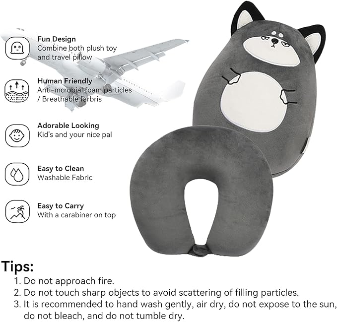 stocaggio Kids Travel Pillow - 2-in-1 Deformable Kids Neck Pillow for Traveling, Soft U-Shaped Pillow with Adorable Animal Design, Comfy Sleep and Play, Ideal for Airplanes and Cars - Gray Husky