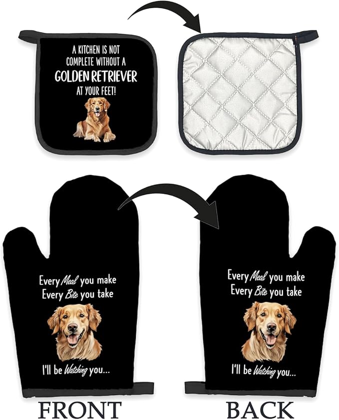 Golden Retriever Gifts for Women, Dog Oven Mitts and Pot Holders Sets, Golden Dog Decor Kitchen Accessories Sets, GoldenRetriever Heat Resistant Oven Glove Potholders for Kitchen Baking