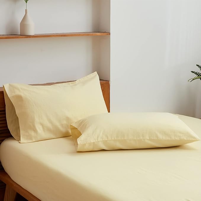 Simple&Opulence Belgian Linen Sheet Set Solid Color - 4 Pieces (1 Flat Sheet, 1 Fitted Sheet & 2 Pillowcases) Natural Flax Cotton Blend Soft Breathable Farmhouse Bedding - Queen Size, Pale Yellow