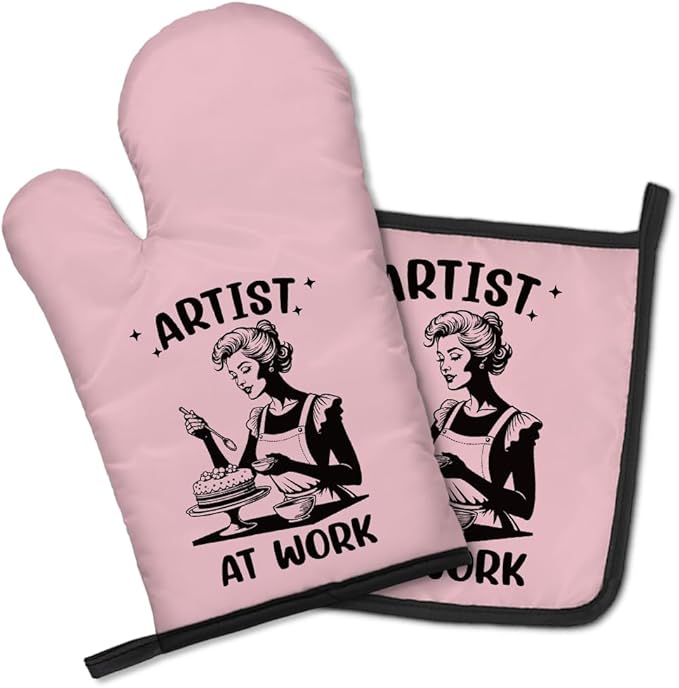 Artist at Work Cute Oven Mitts and Pot Holders Set, Baking Kitchen Tools for Female Bakers Cake Makers, Baking Gifts for Cake Lovers, Retro Humor Oven Mitts for Mom