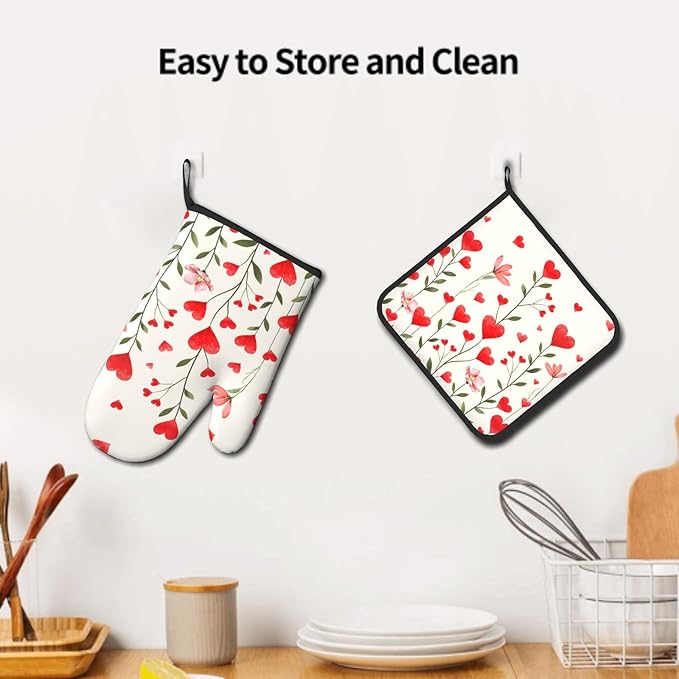 Red Love Hearts Oven Mitts and Potholders Set of 2 Romantic Flowers Washable Heat Resistant Non-Slip Oven Gloves Pot Holder for Mother Day Kitchen Cooking Baking Decoration