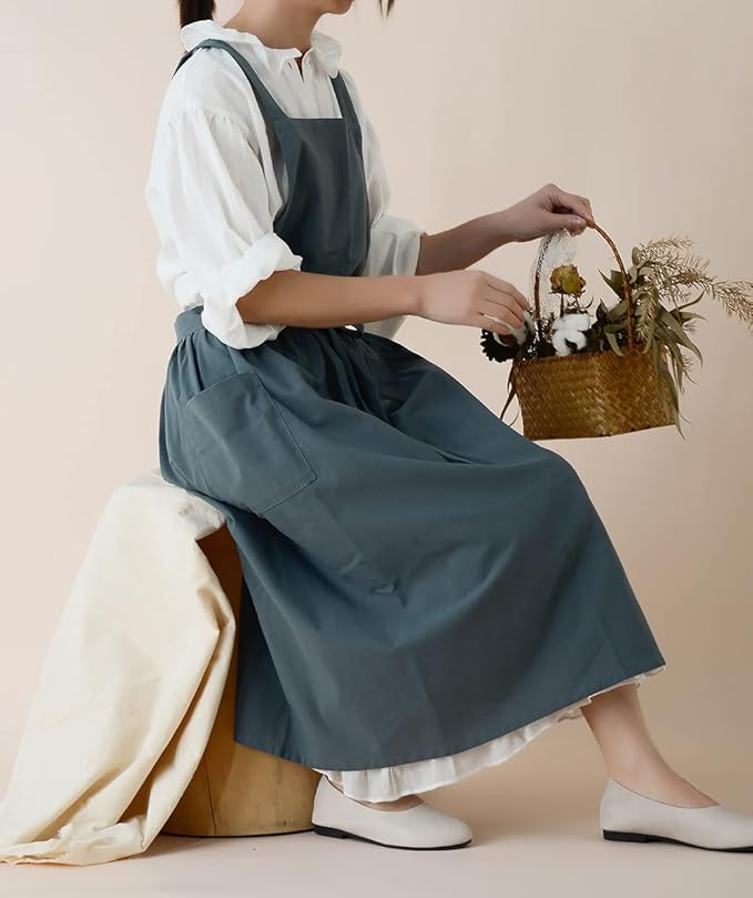 Japanese apron Women-Cross Back Apron for Women with Pockets, Pinafore Aprons, Womens Cotton Linen Apron
