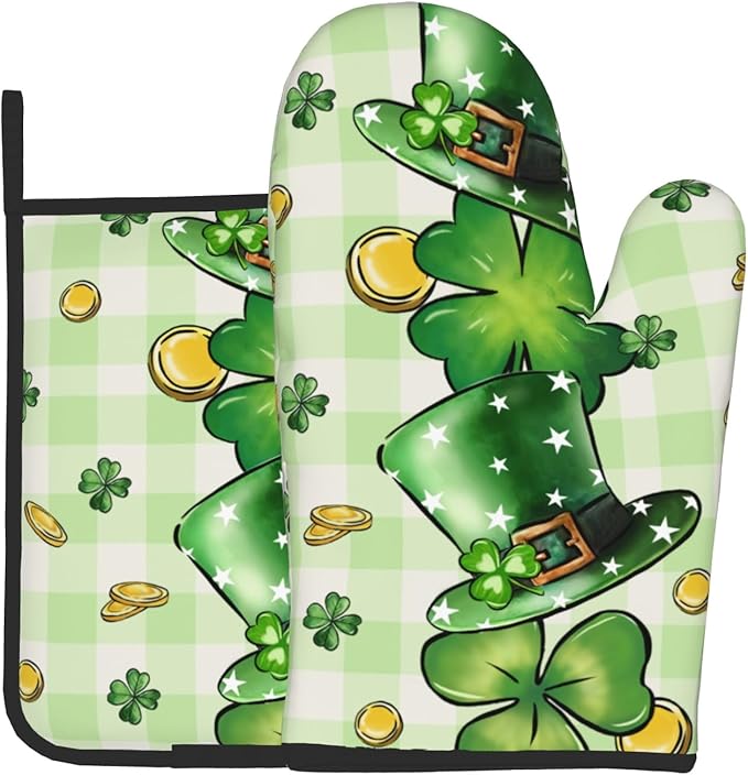 St Patricks Day Shamrock Hat Oven Mitts and Pot Holders Set of 2 Clover Gold Coin Heat Resistant Potholders Oven Hot Pads Buffalo Plaid Oven Gloves Accessories for Kitchen Chef Cooking BBQ