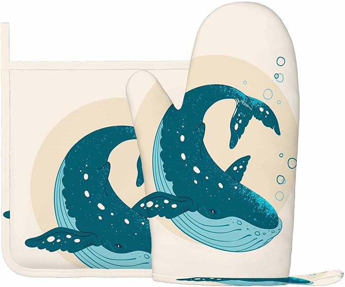 Mxocom Watercolor Whale Heat-Resistant Oven Mitts and Pot Holder Sea Theme Marine Life Coastal Modern Design Cool Ring Circle Kitchen Non-Slip Cooking Microwave Gloves for Cooking Baking Grilling
