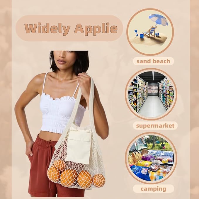 HEYIBURAN Extra Long Handle Farmers Market Bag with Utility Pocket, Cotton Mesh Tote, Reusable Mesh Produce Bags, Machine Washable for Produce and Grocery Hauls(4 Pcs)